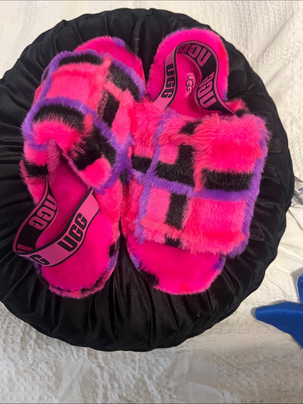 UGG Kids Hot Pink, Black & Purple Plaid Fluff Slide Slippers